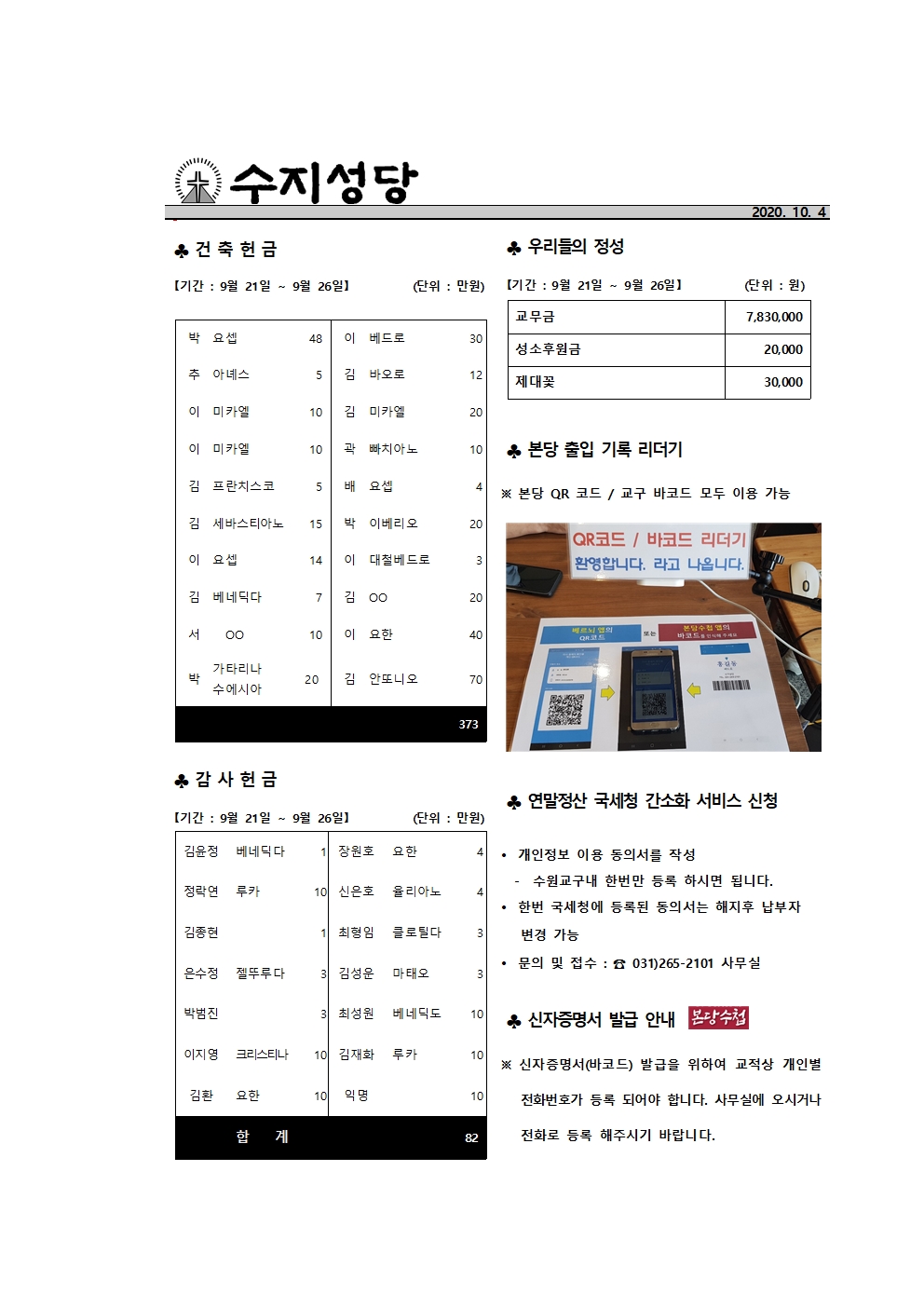 2020.10.04 – 연중 제27주일 수원주보링크 및 본당주보와 간지