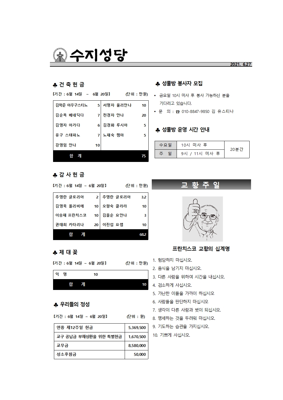 2021.06.27 – 연중 제13주일(교황주일)