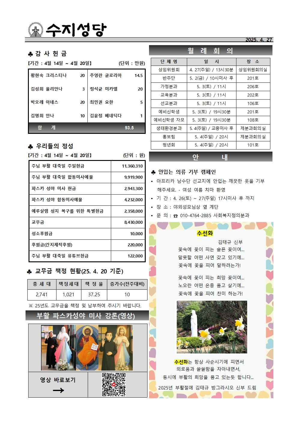 2025. 4. 27 – 부활 제2주일(곧, 하느님의 자비 주일)