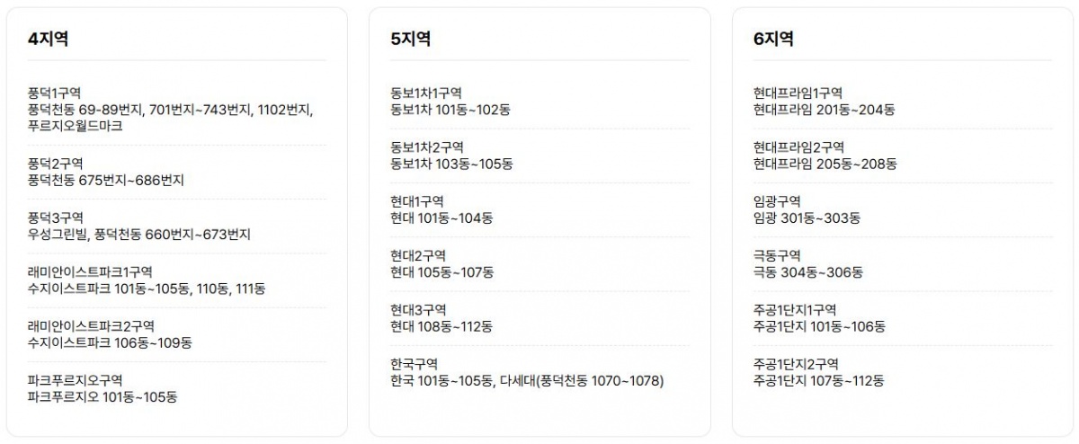 지역별 해당 구역표와 도로명 주소로 찾는 수지성당 지역명과 구역명