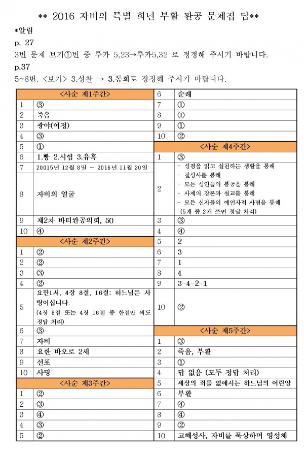 2016 자비의 특별 희년 부활 판공 문제집 답