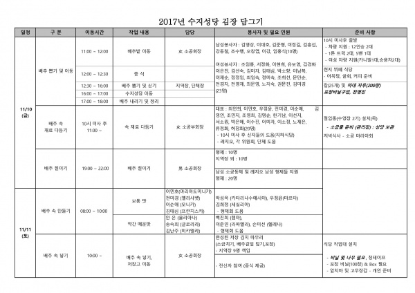 2017 김장 담그기 일정표 수정