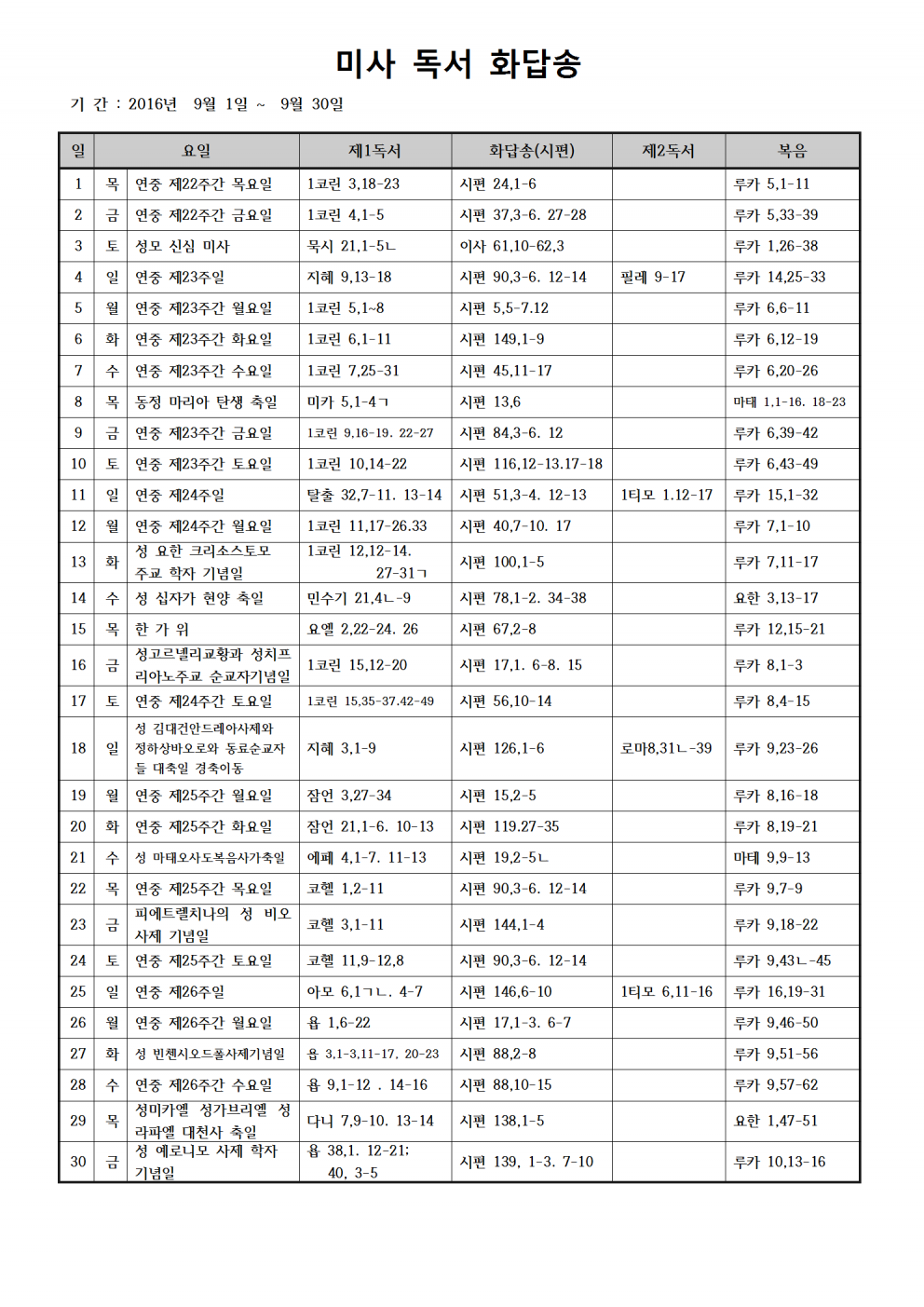 (성경구절) 2016년 9월
