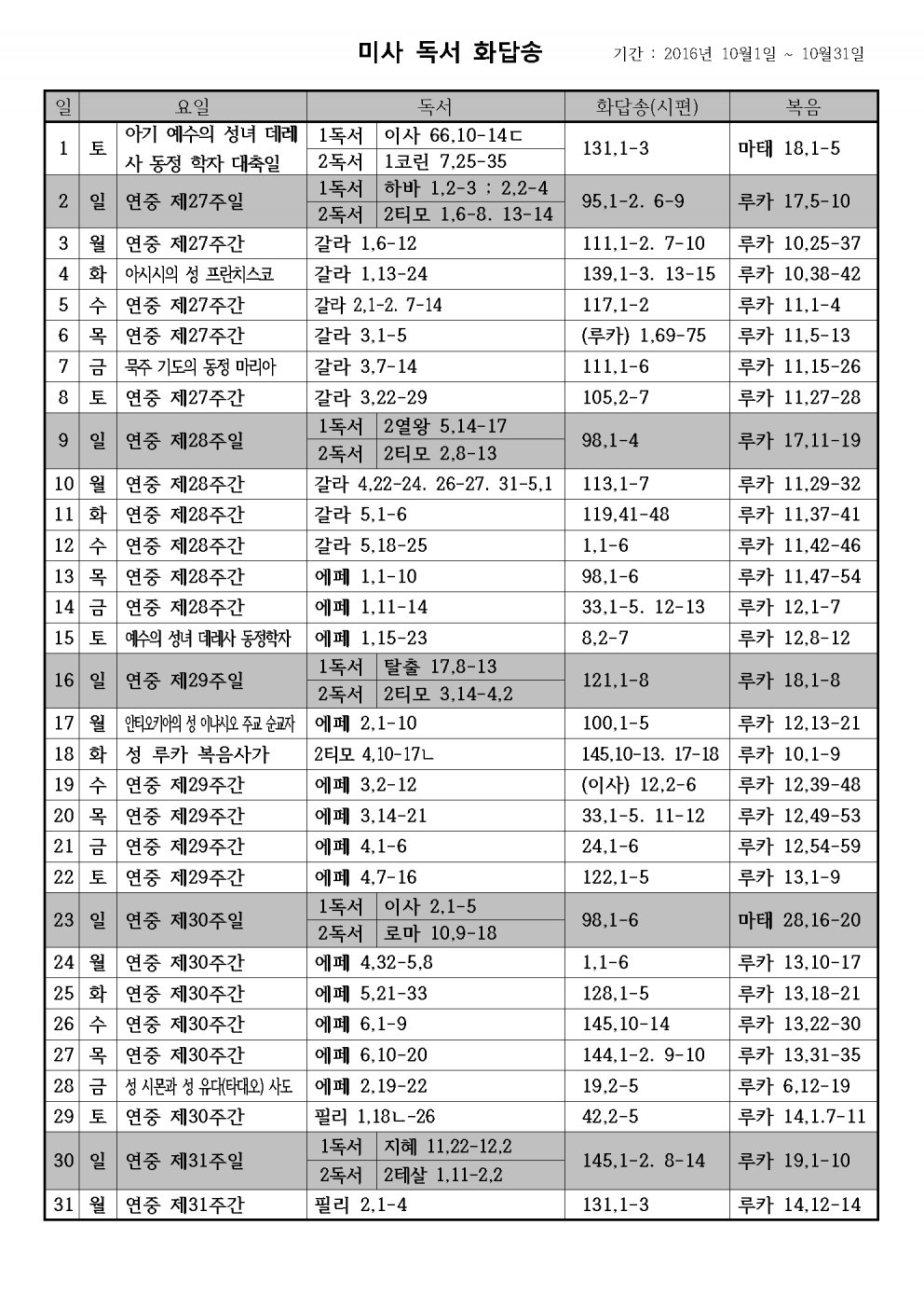 (성경구절) 2016년 10월